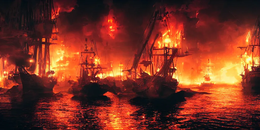 Prompt: pirate ships at war at night, smoke, fire, chaos, photo realistic, 8k, artstation, Blade runner, neon, neon signs in the distance, dark, cinematic, high contrast, epic