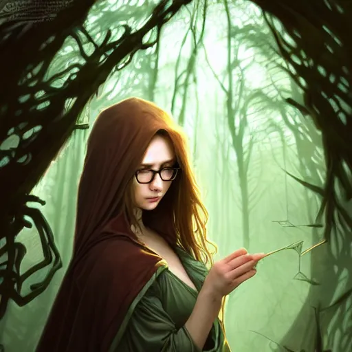 Prompt: wide angle, cloaked woman, white green brown blue color palette, focused, glasses, forest, female, d & d, fantasy, intricate, elegant, highly detailed, long red hair, digital painting, artstation, octane render, concept art, matte, sharp focus, illustration, hearthstone, art by artgerm, alphonse mucha johannes voss