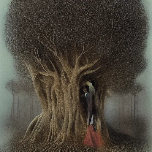 Image similar to Adam and Even dressed in Victorian dresses hug under the Tree of Life, by Beksinski