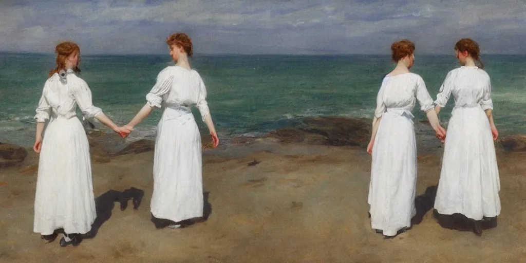 Prompt: two young edwardian women wearing white dresses hold hands on a beach in Sweden, in the style of Anders Zorn