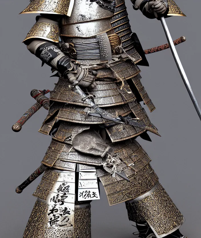 Image similar to detailed photorealistic ancient japanese samurai warrior soldier with traditional japanese engravings and ornamentation on armor and weapons, and shining metallic 3 d surfaces, japanese calligraphy, wide angle, 3 d