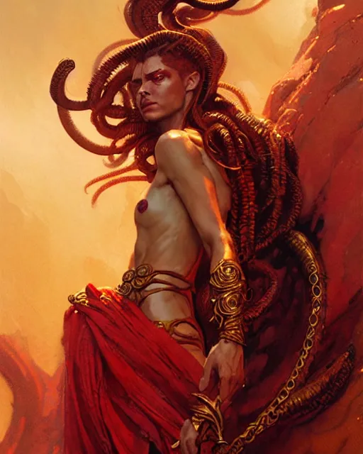 Prompt: fierce medusa in an epic red and golden robe, fantasy character portrait, ultra realistic, concept art, intricate details, highly detailed by greg rutkowski, gaston bussiere, craig mullins, simon bisley