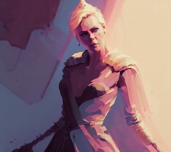 Prompt: portrait of portrait, charlize theron as a queen, fantasy, by atey ghailan, by greg rutkowski, by greg tocchini, by james gilleard, by joe fenton, by kaethe butcher, by ashley wood, dynamic lighting, gradient light blue, brown, blonde cream and white color scheme, grunge aesthetic