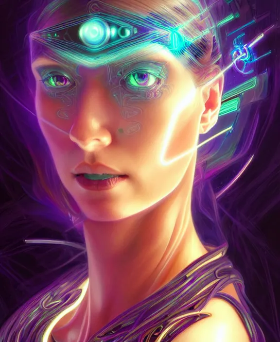 Image similar to a whirlwind of souls rushing inside the metaverse, hologram, half body, neurochip, shaved temple, piercing, jewelry, android, cyborg, cyberpunk face, by loish, d & d, fantasy, intricate, elegant, highly detailed, colorful, digital painting, artstation, concept art, art by artgerm and greg rutkowski and alphonse mucha