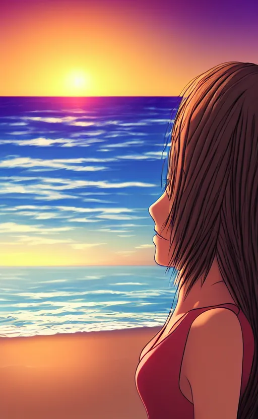 Image similar to woman looking at the sea on the beach during sunset, realistic shaded, highly detailed, anime, realistic