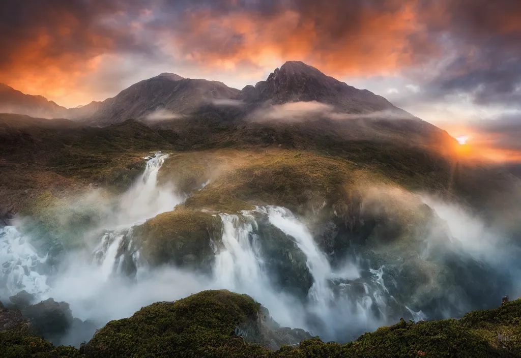Prompt: photo of epic mountain landscape, waterfall, sunset, cinematic, cinematic, art by michael shainblum, low clouds