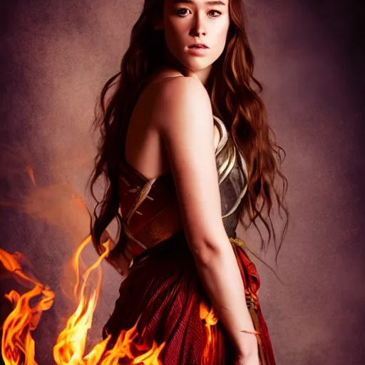 Prompt: full body of alycia debnam carey as a pyromancer , aruze colour aura, dreamwalker, EOS R5, f/2.8, HDR, studio light, medium close shot, dynamic pose, award winning photograph, Alphonse Mucha style