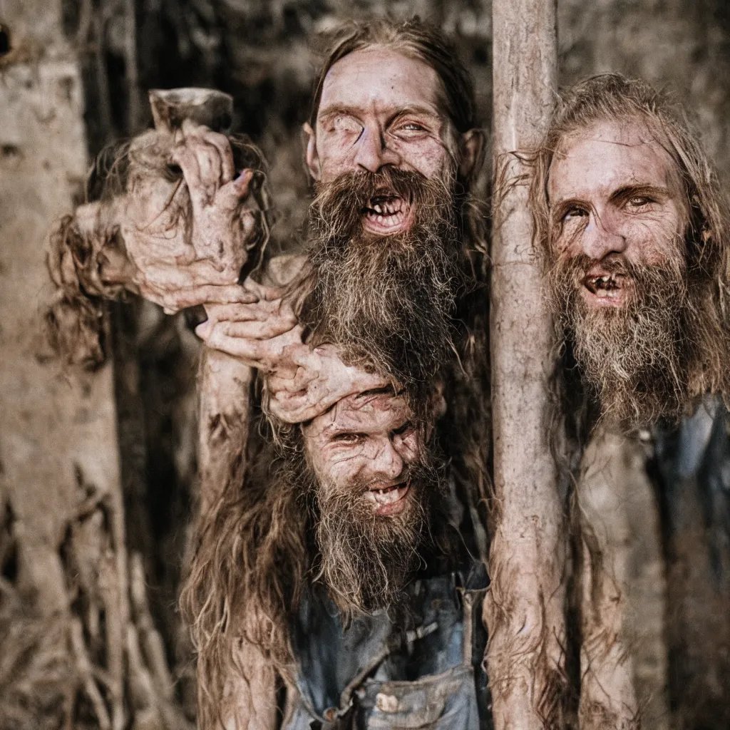 Image similar to extremely skinny malnourished redneck white male with long beard, wearing dirty overalls, dirty greasy face, grin, portrait, close up, kodak gold 2 0 0, 5 0 mm,