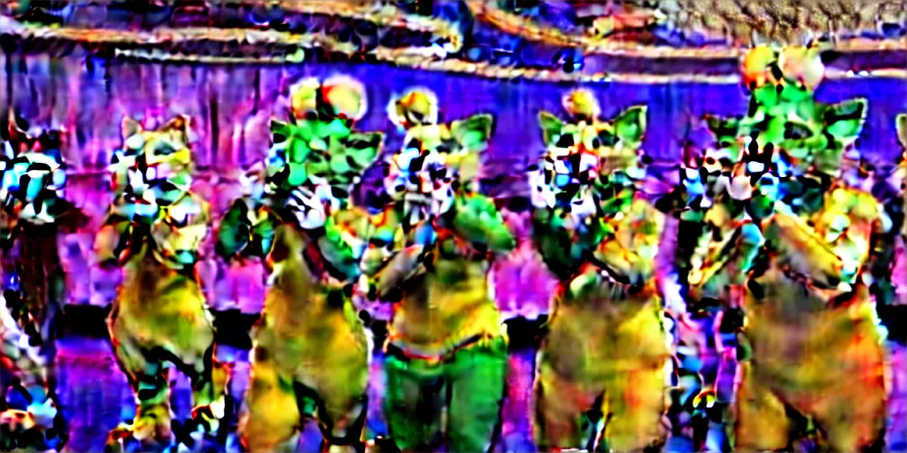 Image similar to 8 k uhd cinema 4 d, octane render of multiple cats dressed as vegetables with vegetables as masks, vegetables dressed as cats with fluffy tails, line dancing at a party, in the ballroom of a luxury cruise liner, beautiful chandeliers from the ceiling, ultra realistic, group photography, 1 0 5 mm lens, multi coloured volumetric lighting