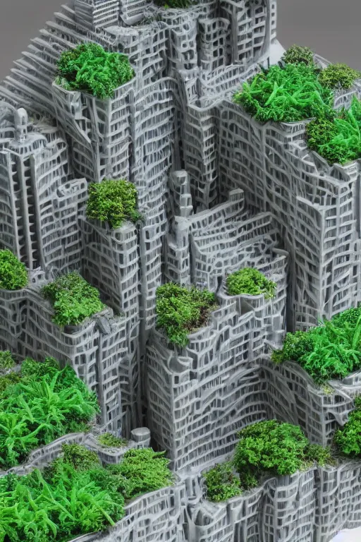 Image similar to 3 d printed physical model organic flowy including more than one city into one vertical building model that sits on a table in a room with a view back, multiple stories, transparent, with vegetation, colorful, eye - level view, 8 0 k, octane render, highly detailed 3 d render,