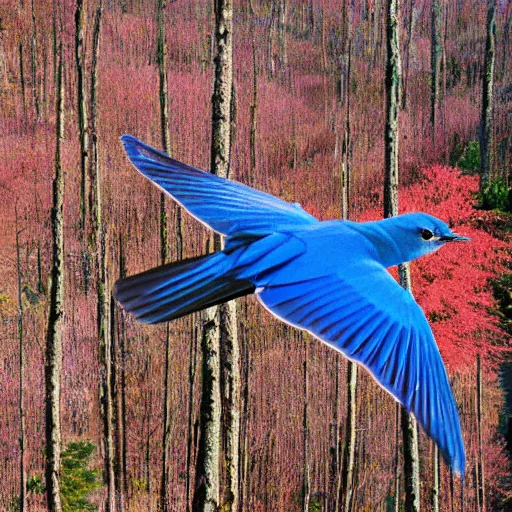 Prompt: a bluebird flies twixt trees in a beautiful valley, polygon art