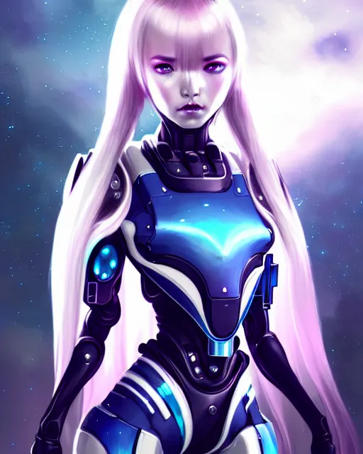 Image similar to perfect android girl family, full body character design, warframe armor, beautiful face, scifi, futuristic, galaxy, nebula, bae suzy, dreamy, long white hair!!!, blue cyborg eyes, sharp focus, cinematic lighting, highly detailed, artstation, divine, by gauthier leblanc, kazuya takahashi, huifeng huang