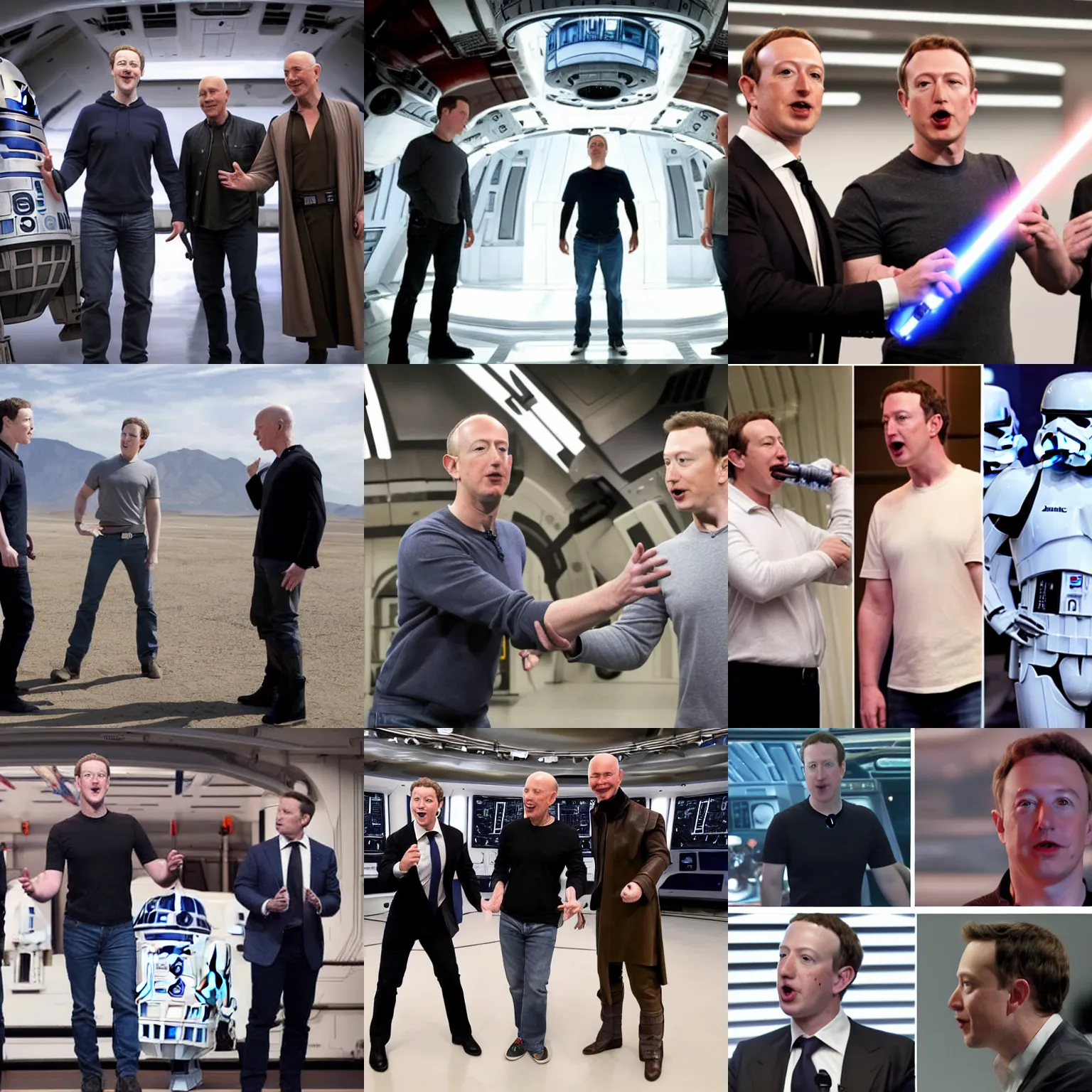 Prompt: mark zuckerberg, elon musk and jeff bezos in a star wars duel