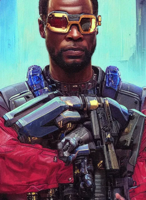 Prompt: Chidi Igwe. Buff Cyberpunk policeman with robotic legs. (Cyberpunk 2077, bladerunner 2049). handsome face. Iranian orientalist portrait by john william waterhouse and Edwin Longsden Long and Theodore Ralli and Nasreddine Dinet, oil on canvas. Cinematic, vivid colors, hyper realism, realistic proportions, dramatic lighting, high detail 4k