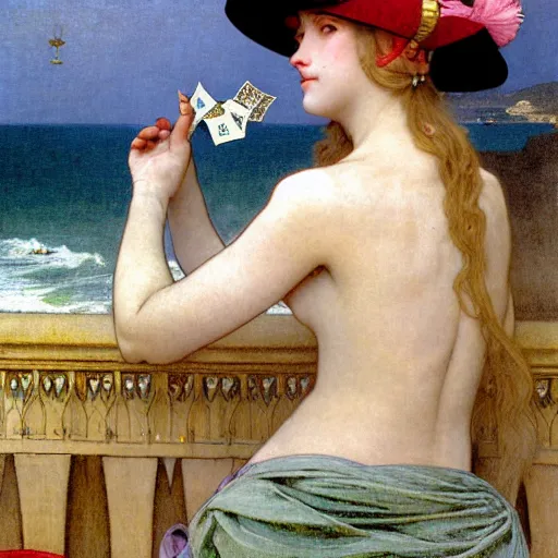 Image similar to A girl with jester hat and clothes on the front of a Balustrade with a beach on the background, major arcana clothes, by paul delaroche, alphonse mucha and arnold böcklin arnold böcklin hyperrealistic 8k, very detailed