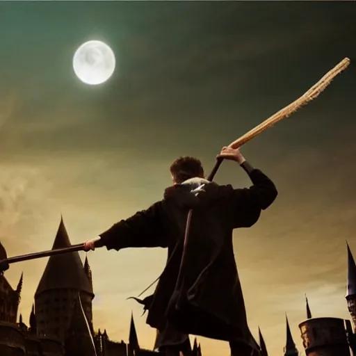 Harry potter riding a broomstick, back view, cinematic Stable