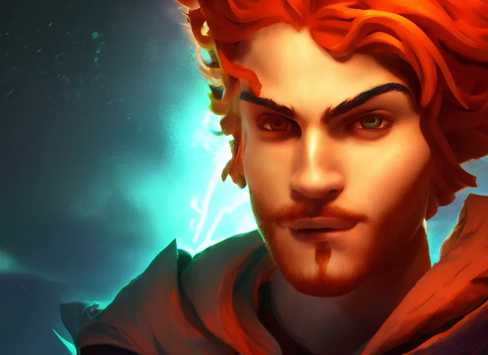 Image similar to glowwave portrait of curly orange haired man on a dark background from league of legends, au naturel, hyper detailed, digital art, trending in artstation, cinematic lighting, studio quality, smooth render, unreal engine 5 rendered, octane rendered, art style by pixar dreamworks warner bros disney riot games