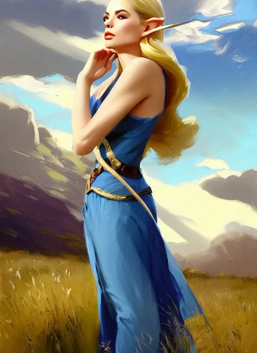 Image similar to A combination of Adriana Dxim and Grace Kelly’s and Ashley Greene's appearance with blonde hair as Zelda, countryside, calm, fantasy character portrait, dynamic pose, above view, sunny day, thunder clouds in the sky, artwork by Jeremy Lipkin and Giuseppe Dangelico Pino and Michael Garmash and Rob Rey and Greg Manchess, very coherent asymmetrical artwork, sharp edges, perfect face, simple form, 100mm