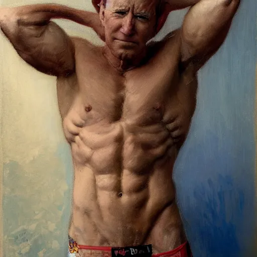 Image similar to Joe Biden with an shredded, toned, inverted triangle body type, painting by Gaston Bussiere, Craig Mullins, XF IQ4, 150MP, 50mm, F1.4, ISO 200, 1/160s, natural light