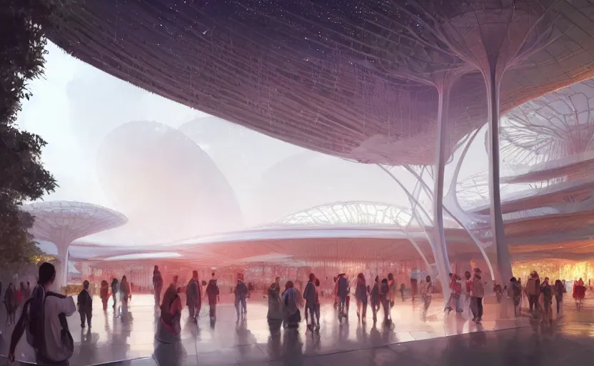 Image similar to singapore pavillion exterior at the next world expo designed by gensler, elegant atmosphere, glowing lights, highly detailed, digital painting, artstation, concept art, smooth, sharp focus, illustration, art by wlop, mars ravelo and greg rutkowski