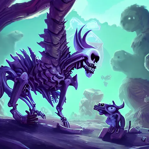 Image similar to cute skeleton animal creatures. hearthstone animal creatures, graveyard background, bright art masterpiece artstation. 8k, sharp high quality artwork in style of Jose Daniel Cabrera Pena and Greg Rutkowski, violet theme, concept art by Tooth Wu, hearthstone card game artwork