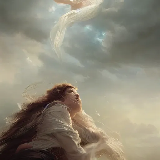 Image similar to a beautiful portrait of a wind goddess fading into the clouds by Greg Rutkowski and Raymond Swanland, Trending on Artstation, ultra realistic digital art