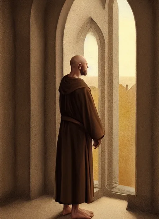 Prompt: symmetry!! oil painting of a tonsured dominican monk in brown robes, looking out of a monastery window contemplatively, a majestic cathedral in the background, digital art, artstation, cinematic, golden hour, digital art painting by greg rutkowski