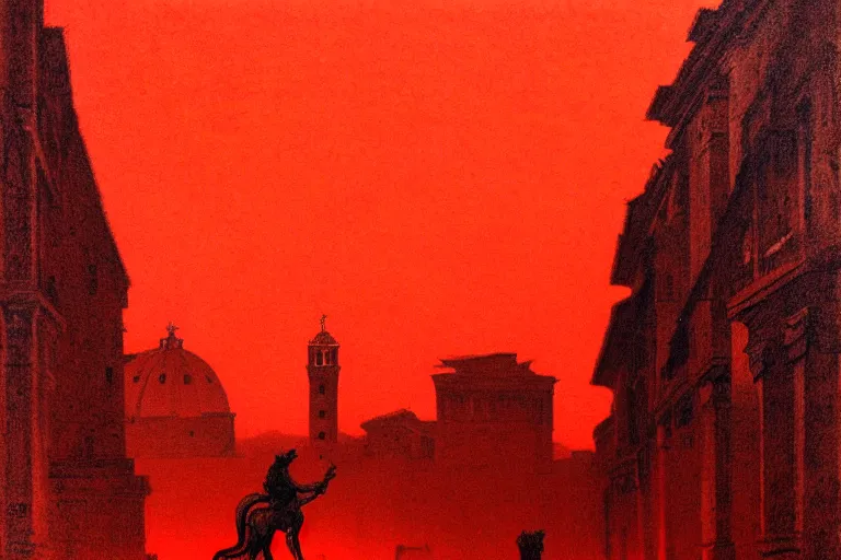 Image similar to only with red, caesar after war, a red tiger, in hoc signo vinces, rome in background, an ancient path, in the style of beksinski, part by hopper, part by rodcenko, part by hofbauer, intricate composition, red by caravaggio, insanely quality, highly detailed, masterpiece, red light, artstation