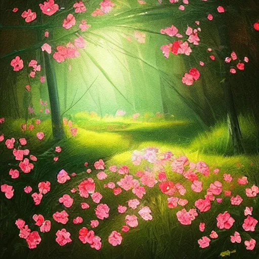 Image similar to “A beautiful painting of a forest in summer, wild roses in distance, sunlight, detailed, light effect, Trending on artstation”