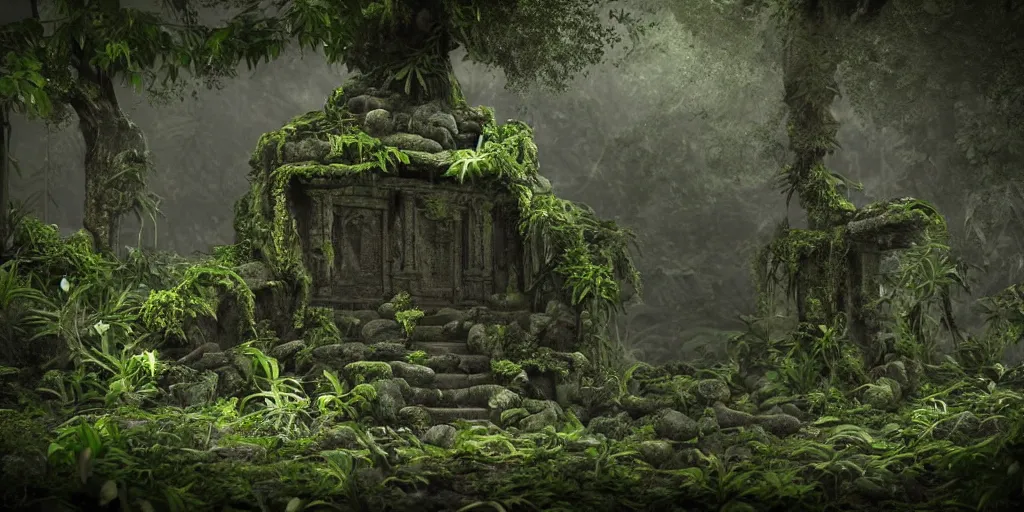 Prompt: overgrown jungle temple in the dark, atmospheric, 3d render, photorealistic, 85mm - H 1024