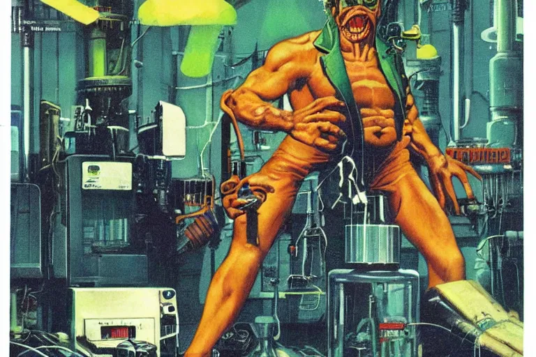 Prompt: 1979 OMNI Magazine Cover depicting a Mr Hyde standing in a laboratory. Cyberpunk Akira style by Vincent Di Fate