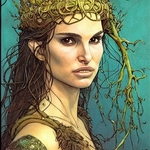 Image similar to a realistic, very beautiful and atmospheric portrait of a young natalie portman as a druidic warrior wizard looking at the camera with an intelligent but seductive gaze by rebecca guay, michael kaluta, charles vess and jean moebius giraud