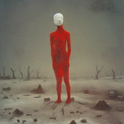 Image similar to a surrealist painting of a lonely woman with white skin and red hair, standing over pile of bodies in post apocalyptic snowy landscape, painted by beksinski