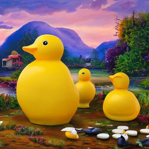 Prompt: a fantasy world of rubber ducks, landscape painting, highly detailed