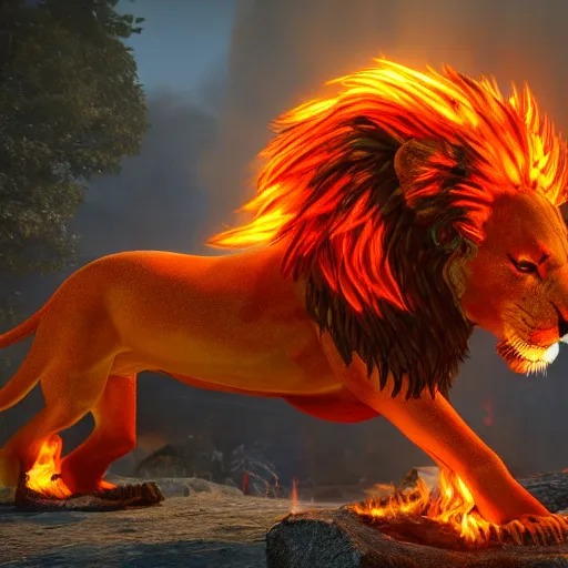 Image similar to fire lion, flaming, unreal engine