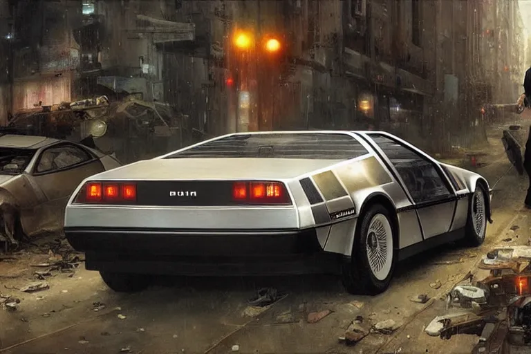 Image similar to photograph of the delorean, with a sleek spoiler, driving down the streets of a cyberpunk abandoned city, by greg rutkowski, by stanley artgerm, by alphonse mucha