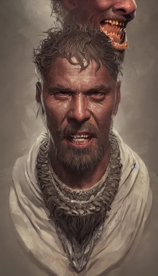 Image similar to ugly smile, rough and ugly male, fame of thrones, lord of daggers, neon, fibonacci, sweat drops, insane, intricate, highly detailed, digital painting, artstation, concept art, smooth, sharp focus, illustration, Unreal Engine 5, 8K, art by artgerm and greg rutkowski and alphonse mucha