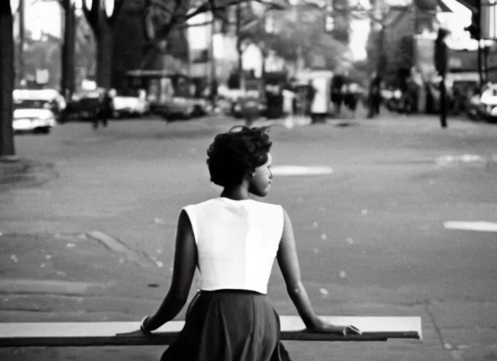 Image similar to a 35mm photograph from the back of a woman sitting on a bench in Harlem, New York City in the 1960's at sunset, bokeh, Canon 50mm, cinematic lighting, photography, retro, film, Kodachrome, award-winning, rule of thirds, golden hour