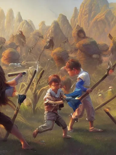 Image similar to a bunch of kids fighting with sticks. intricate, elegant, highly detailed, digital painting, artstation, concept art, sharp focus, illustration, by justin gerard and artgerm, 8 k