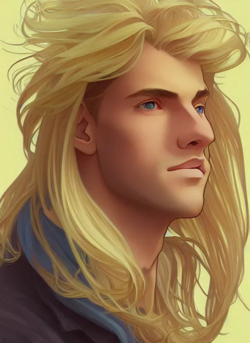 Image similar to pretty young man with shoulder length shiny shimmering golden blond hair, path traced, highly detailed, high quality, digital painting, by studio ghibli and alphonse mucha, leesha hannigan, makoto shinkai, disney