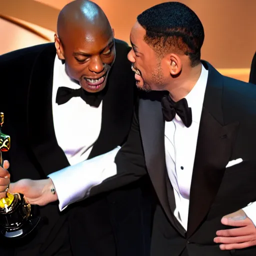 Image similar to wide-angle photo of Dave Chappelle slapping Will Smith at the Oscars, highly detailed, 8k, sharp focus, TMZ award winning photo