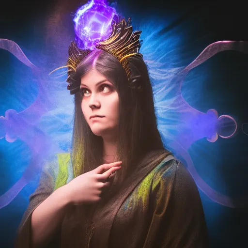 Image similar to portrait of a female warlock casting a magic spell, blueish aura by her side, mystic, fantasy, magic, award winning photography, hdr, studio lighting medium close shot, mucha style,