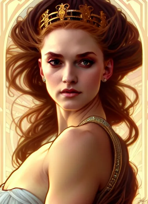 Image similar to rolyatistaylor!!! as queen, incredibly detailed face, pretty face, light dress, true anatomy, art by artgerm and greg rutkowski and alphonse mucha