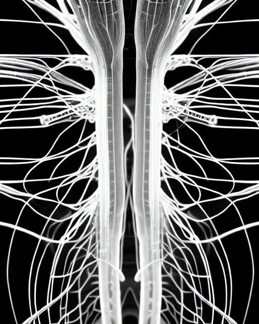 Prompt: black and white connected cyborg - plant goddess high quality photo, microchip, artificial intelligence, bio - mechanical bio - luminescence, black wired cables, neurons, nerve cells, cinematic, rim light, photo - realistic, elegant, high detail, 8 k, masterpiece, high fashion, in the style of man ray