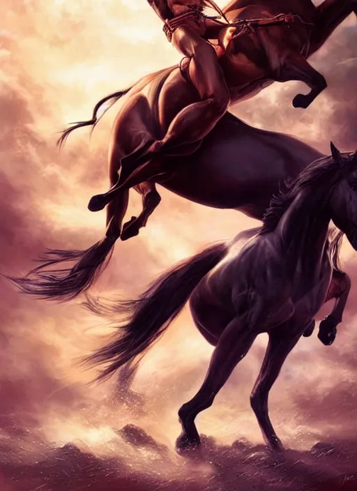 Prompt: the first horseman of the apocalypse is riding a strong big black stallion, horse is up on its hind legs, the strong male rider is carrying the scales of justice, beautiful artwork by artgerm and rutkowski, breathtaking, beautifully lit, dramatic, full view