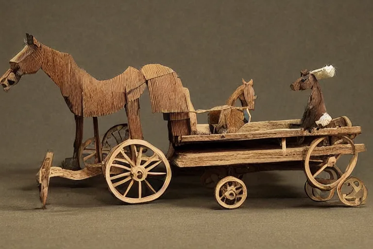 Prompt: a wooden toy horse pulling a wooden carriage, a surrealist sculpture by beatrix potter, pinterest contest winner, folk art, diorama, made of trash, made of cardboard