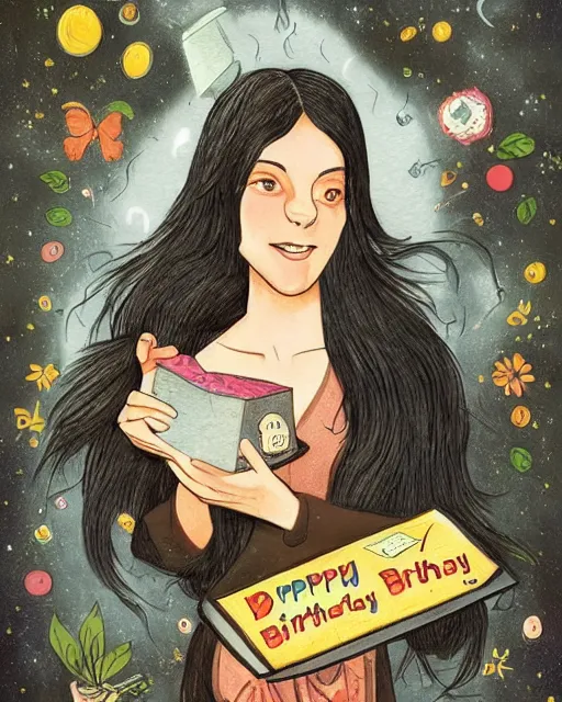 Prompt: happy birthday postcard in a style of Neil Gaiman book , birthday cake for a young black haired girl, trending on artstation, 8k, highly detailed