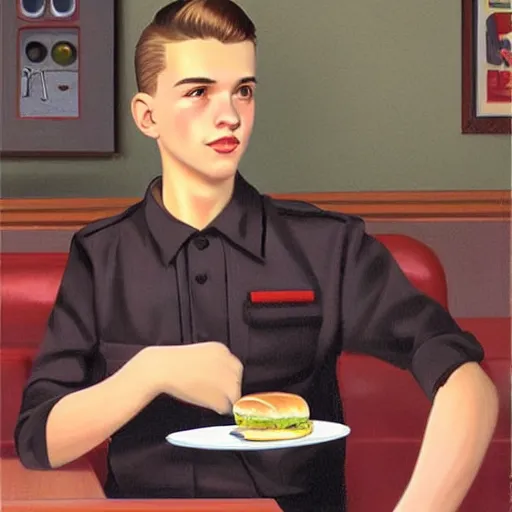 Image similar to 1 9 5 0 s rebel teen male at the local diner, art by wes hempel