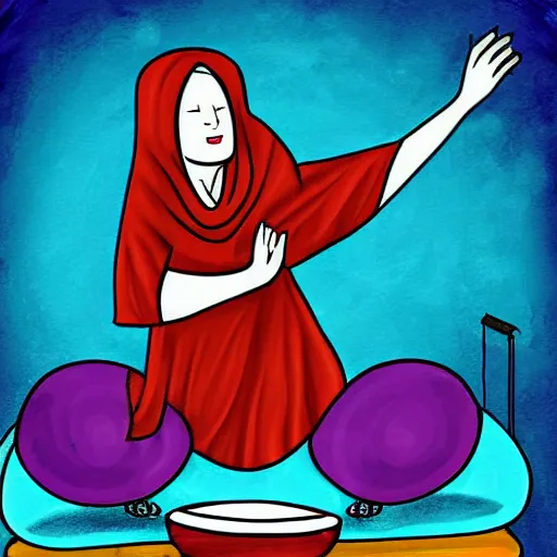 Image similar to a babushka playing drums, some people in the background are doing yoga to the beats, digital art