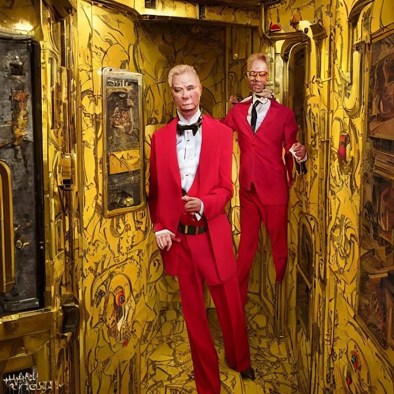 Image similar to professional octane render portrait by wayne barlow and carlo crivelli and glenn fabry, a flamboyant man in a bright colorful saturated wes anderson elevator operator costume inside a dark and moody vintage elevator in a high - end exotic vintage boutique hotel, very short depth of field, bokeh, gears of war